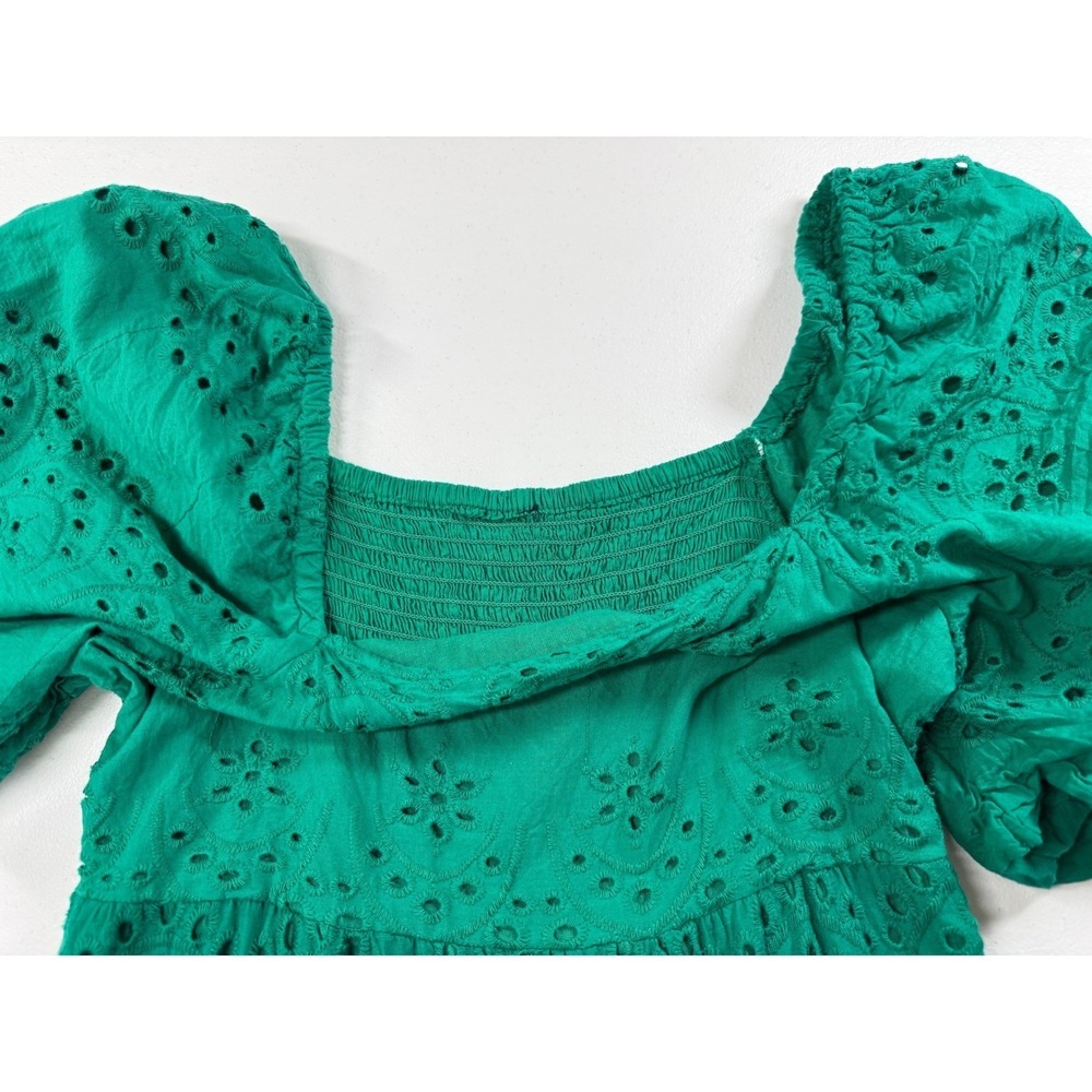 Eyelet Maxi Dress Women Est Size M Green Cotton Tiered Smocked Puff Sleeve Boho - Picture 4 of 9